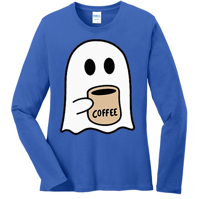 Ghost Drinking Coffee Funny Halloween Costume Coffee Lover Ladies Long Sleeve Shirt