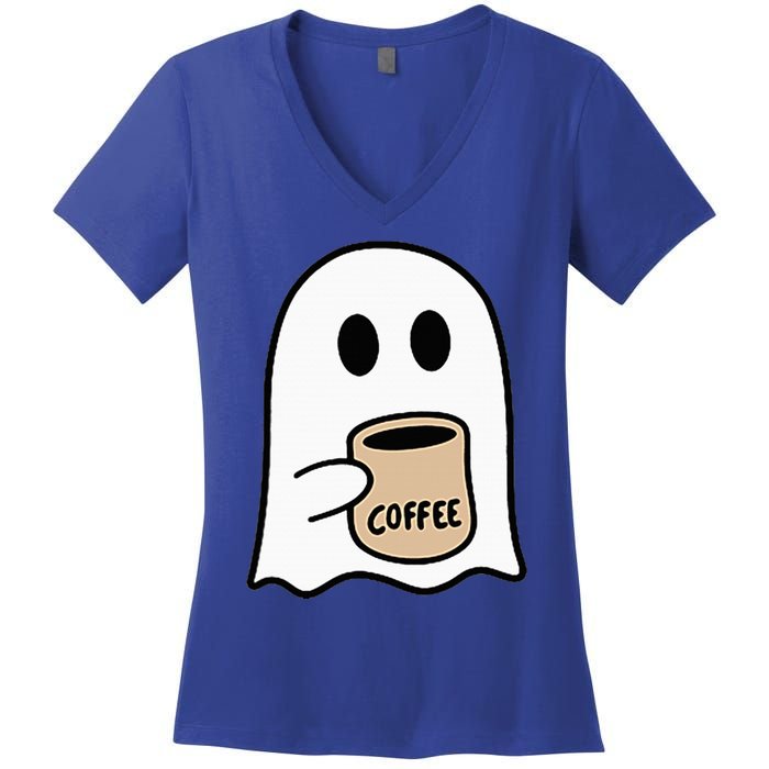 Ghost Drinking Coffee Funny Halloween Costume Coffee Lover Women's V-Neck T-Shirt