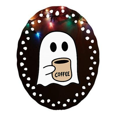 Ghost Drinking Coffee Funny Halloween Costume Coffee Lover Ceramic Oval Ornament