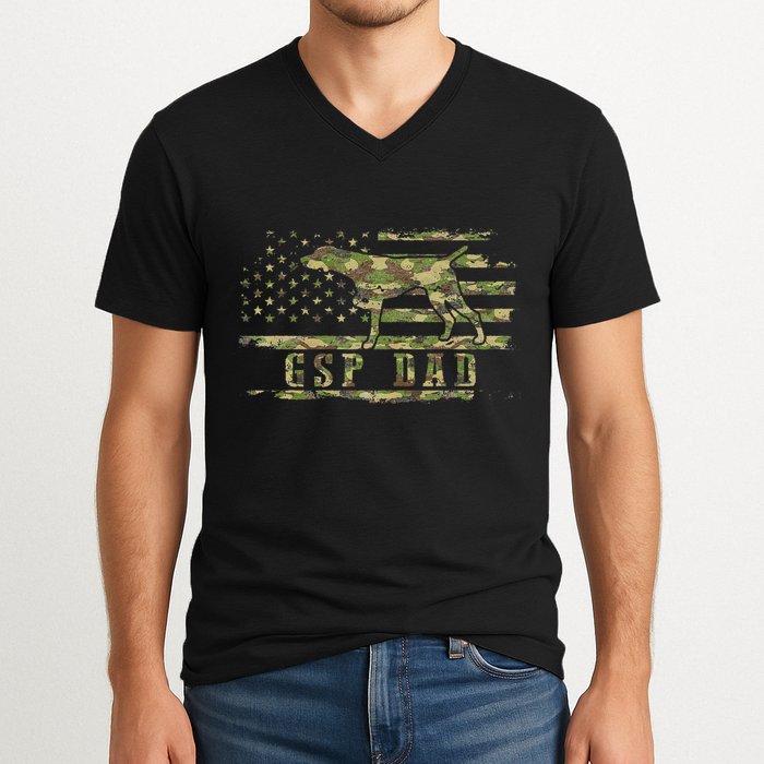 Gsp Dad Camo American Flag German Shorthaired Pointer Dog V-Neck T-Shirt