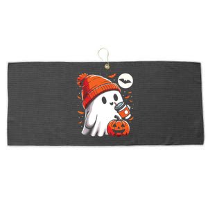 Ghost Drinking Coffee Halloween Large Microfiber Waffle Golf Towel