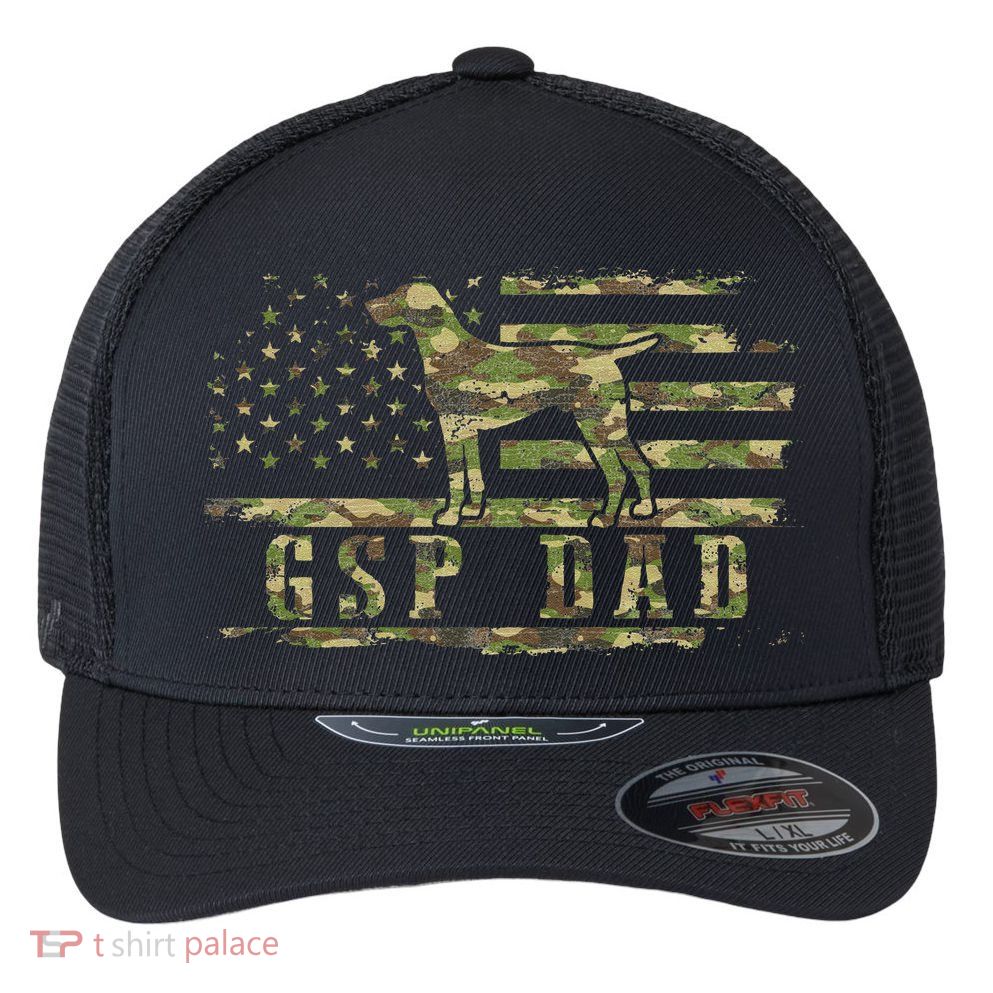 Gsp Dad Camo American Flag German Shorthaired Pointer Dog Flexfit Unipanel Trucker Cap