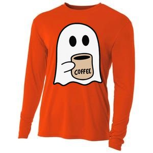 Ghost Drinking Coffee Funny Halloween Costume Coffee Lover Cooling Performance Long Sleeve Crew