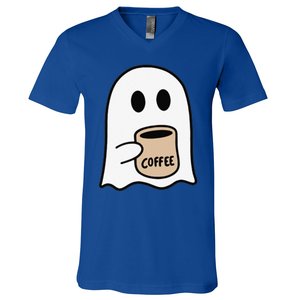 Ghost Drinking Coffee Funny Halloween Costume Coffee Lover V-Neck T-Shirt