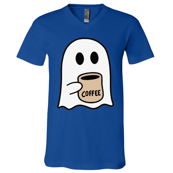 Ghost Drinking Coffee Funny Halloween Costume Coffee Lover V-Neck T-Shirt