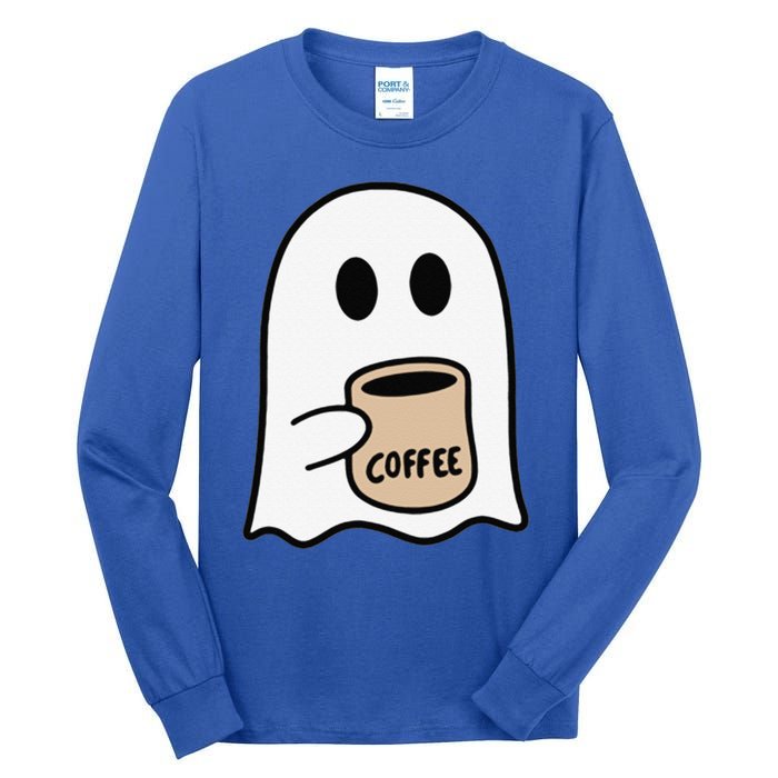 Ghost Drinking Coffee Funny Halloween Costume Coffee Lover Tall Long Sleeve T-Shirt