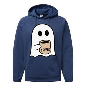 Ghost Drinking Coffee Funny Halloween Costume Coffee Lover Performance Fleece Hoodie