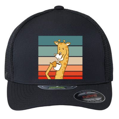 Giraffe Drinking Coffee Retro Sunset Flexfit Unipanel Trucker Cap