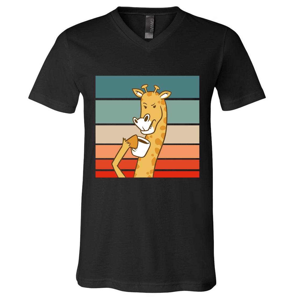 Giraffe Drinking Coffee Retro Sunset V-Neck T-Shirt