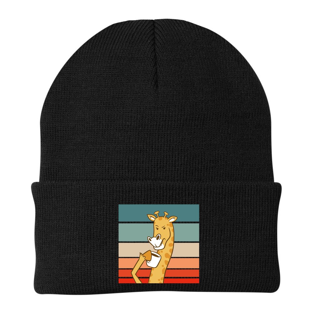 Giraffe Drinking Coffee Retro Sunset Beanie