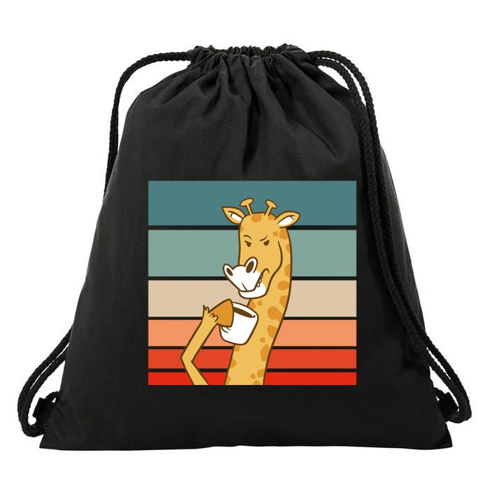Giraffe Drinking Coffee Retro Sunset Drawstring Bag