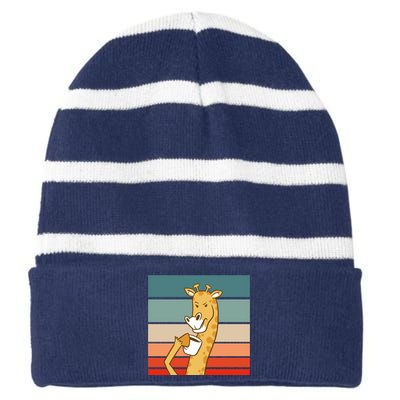 Giraffe Drinking Coffee Retro Sunset Striped Beanie with Solid Band