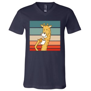 Giraffe Drinking Coffee Retro Sunset V-Neck T-Shirt