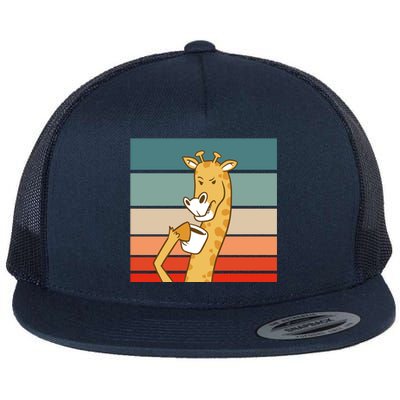 Giraffe Drinking Coffee Retro Sunset Flat Bill Trucker Hat