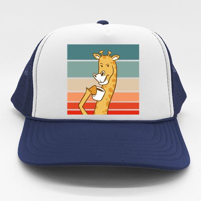 Giraffe Drinking Coffee Retro Sunset Trucker Hat