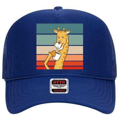 Giraffe Drinking Coffee Retro Sunset High Crown Mesh Back Trucker Hat