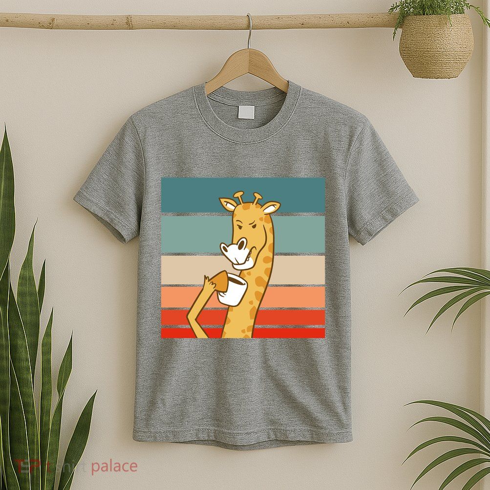 Giraffe Drinking Coffee Retro Sunset T-Shirt