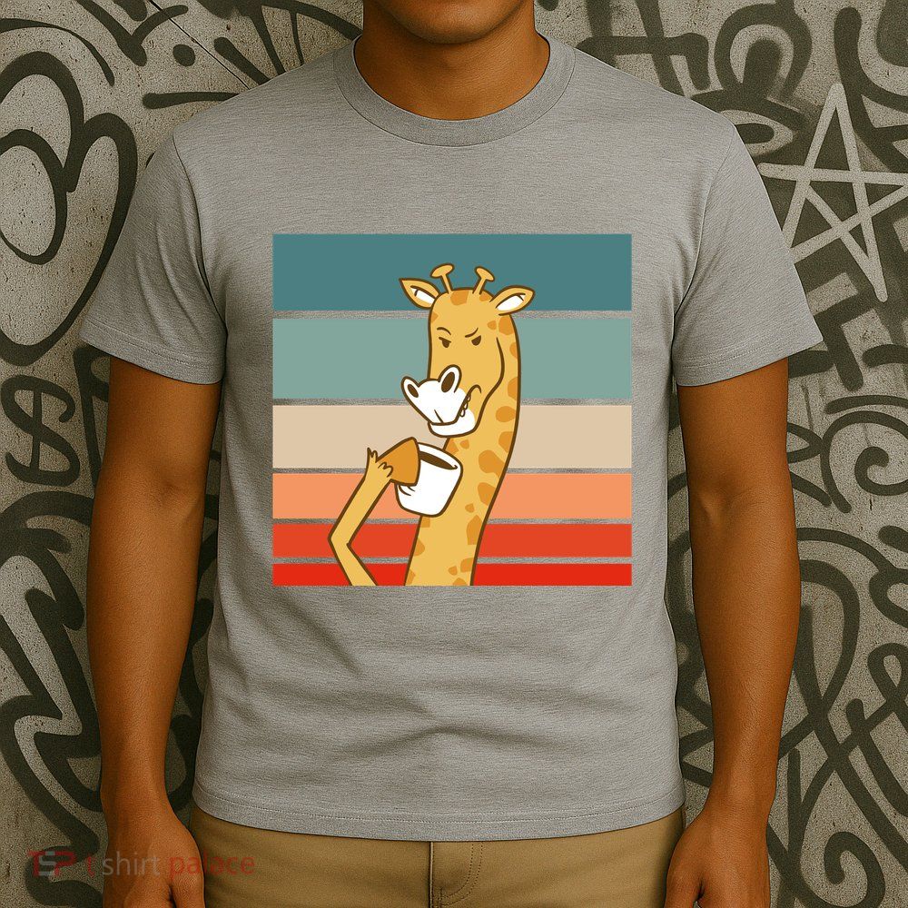 Giraffe Drinking Coffee Retro Sunset T-Shirt