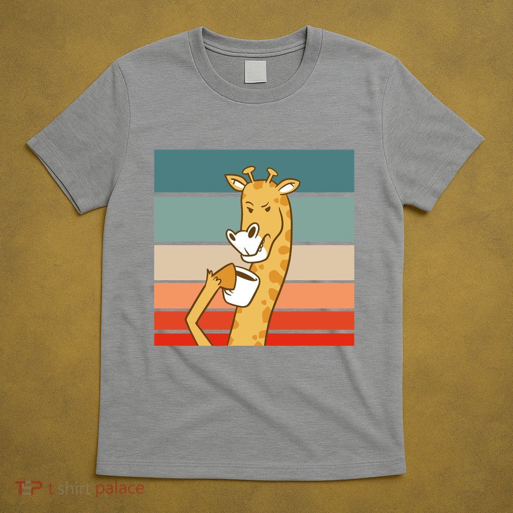 Giraffe Drinking Coffee Retro Sunset T-Shirt