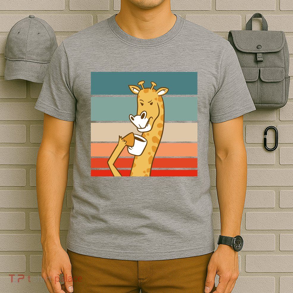 Giraffe Drinking Coffee Retro Sunset T-Shirt