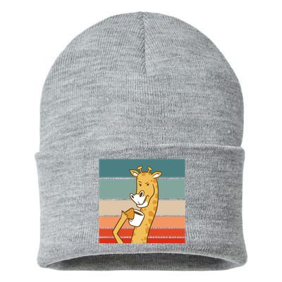 Giraffe Drinking Coffee Retro Sunset Sustainable Knit Beanie