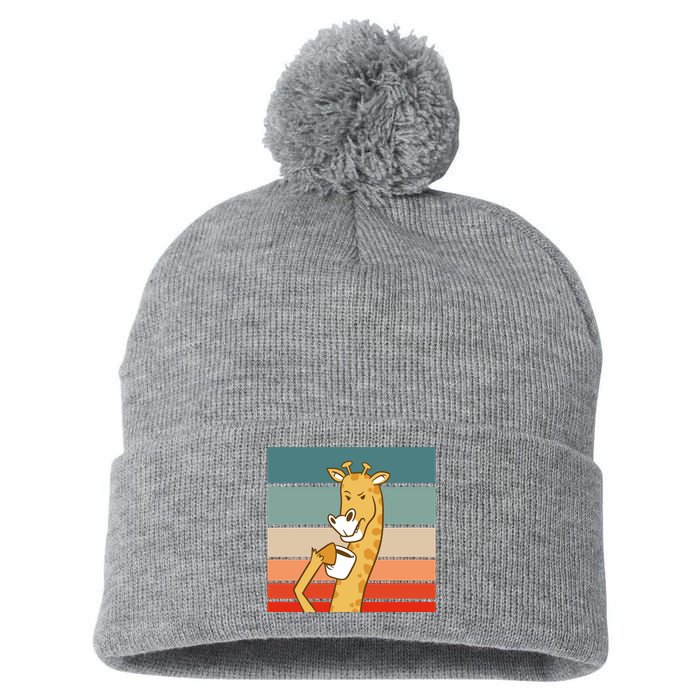 Giraffe Drinking Coffee Retro Sunset Pom Pom 12in Knit Beanie