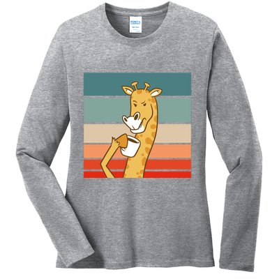 Giraffe Drinking Coffee Retro Sunset Ladies Long Sleeve Shirt
