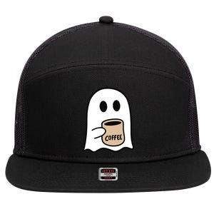 Ghost Drinking Coffee Funny Halloween Costume Coffee Lover 7 Panel Mesh Trucker Snapback Hat