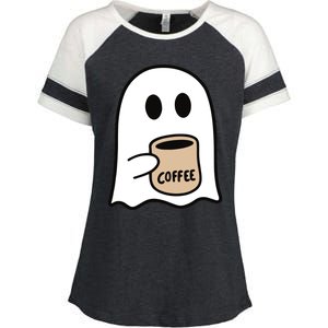 Ghost Drinking Coffee Funny Halloween Costume Coffee Lover Enza Ladies Jersey Colorblock Tee