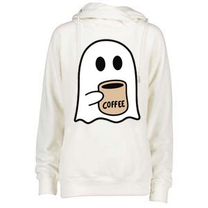 Ghost Drinking Coffee Funny Halloween Costume Coffee Lover Womens Funnel Neck Pullover Hood