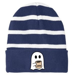 Ghost Drinking Coffee Funny Halloween Costume Coffee Lover Striped Beanie with Solid Band