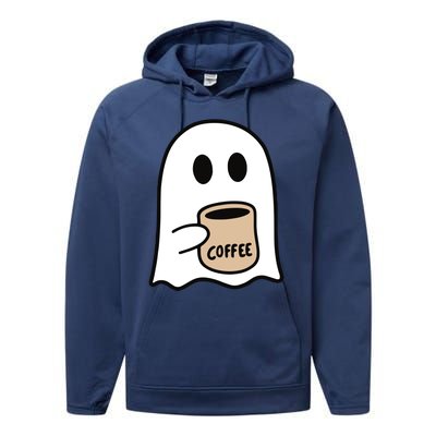 Ghost Drinking Coffee Funny Halloween Costume Coffee Lover Performance Fleece Hoodie