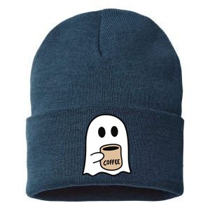 Ghost Drinking Coffee Funny Halloween Costume Coffee Lover Sustainable Knit Beanie