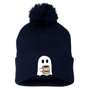 Ghost Drinking Coffee Funny Halloween Costume Coffee Lover Pom Pom 12in Knit Beanie