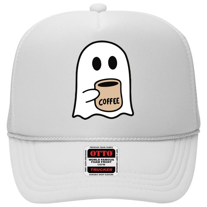 Ghost Drinking Coffee Funny Halloween Costume Coffee Lover High Crown Mesh Back Trucker Hat