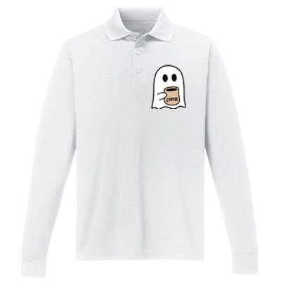 Ghost Drinking Coffee Funny Halloween Costume Coffee Lover Performance Long Sleeve Polo