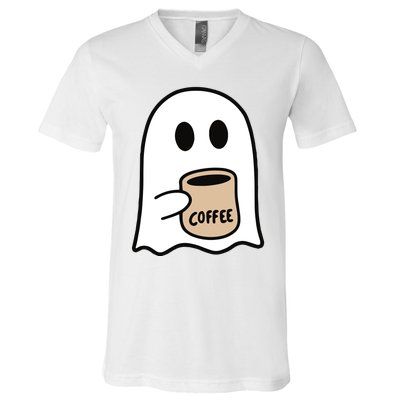 Ghost Drinking Coffee Funny Halloween Costume Coffee Lover V-Neck T-Shirt