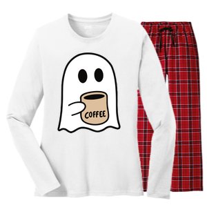 Ghost Drinking Coffee Funny Halloween Costume Coffee Lover Women's Long Sleeve Flannel Pajama Set 