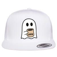 Ghost Drinking Coffee Funny Halloween Costume Coffee Lover Flat Bill Trucker Hat