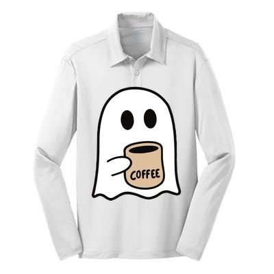 Ghost Drinking Coffee Funny Halloween Costume Coffee Lover Silk Touch Performance Long Sleeve Polo