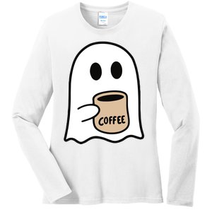 Ghost Drinking Coffee Funny Halloween Costume Coffee Lover Ladies Long Sleeve Shirt