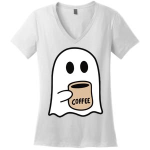 Ghost Drinking Coffee Funny Halloween Costume Coffee Lover Women's V-Neck T-Shirt