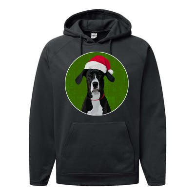 Great Dane Dog In Santa Hat For Christmas Performance Fleece Hoodie