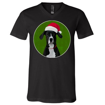 Great Dane Dog In Santa Hat For Christmas V-Neck T-Shirt