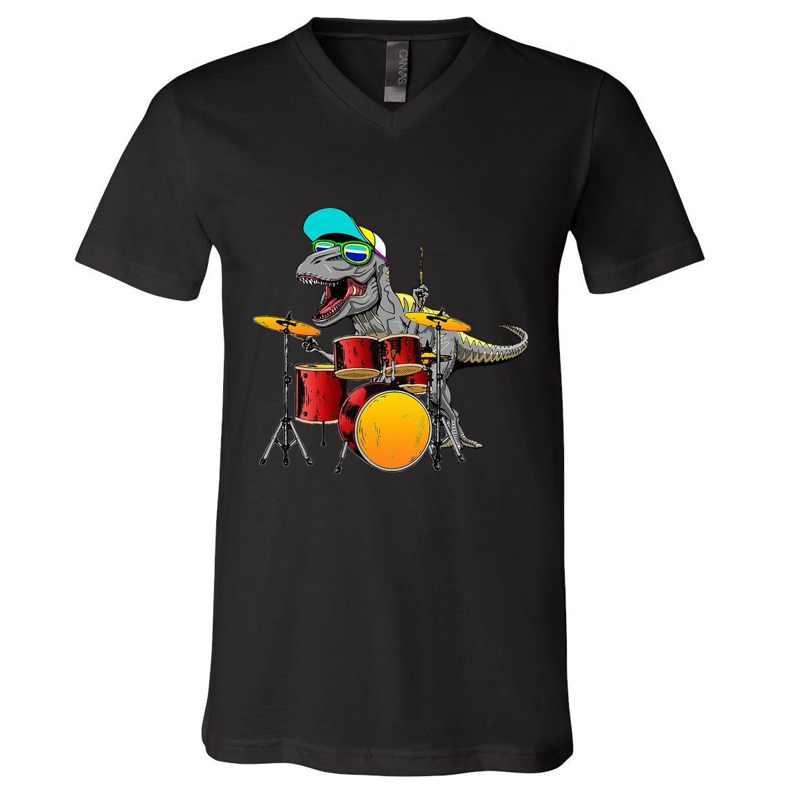 Great Dinosaurs Drums Music Playing Rex Design V-Neck T-Shirt