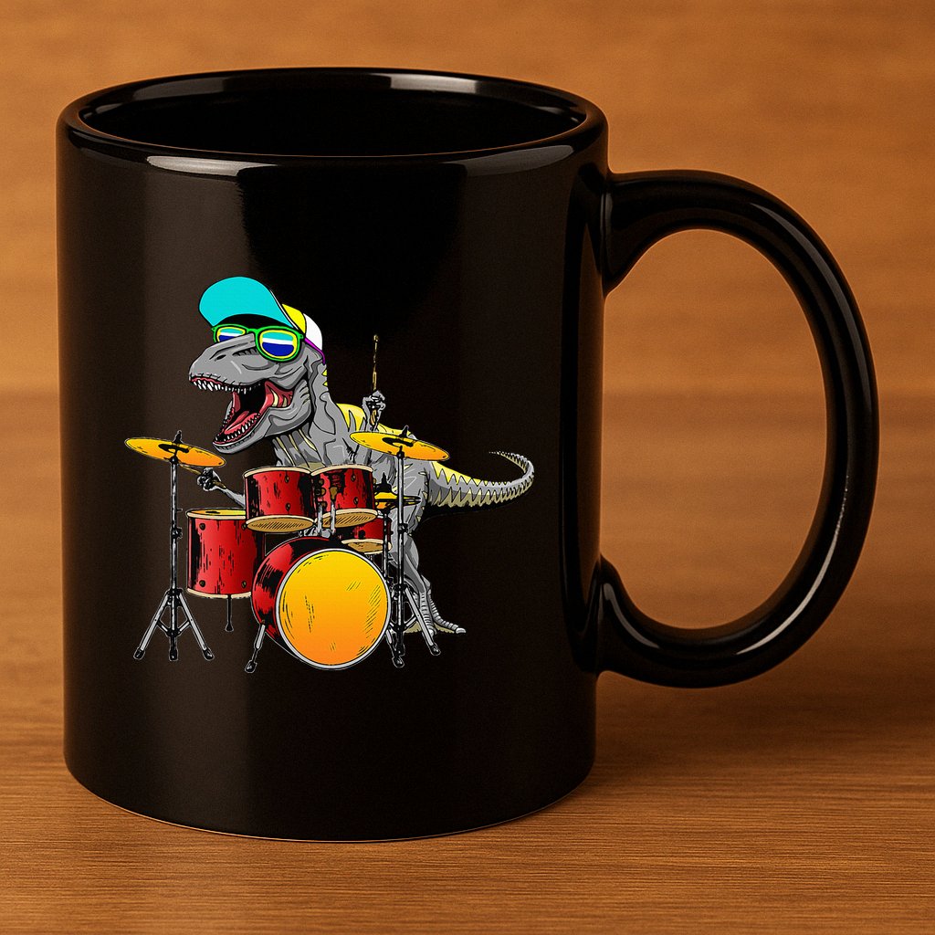Great Dinosaurs Drums Music Playing Rex Design 11oz C Handle Ceramic Mug