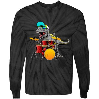 Great Dinosaurs Drums Music Playing Rex Design Tie-Dye Long Sleeve Shirt