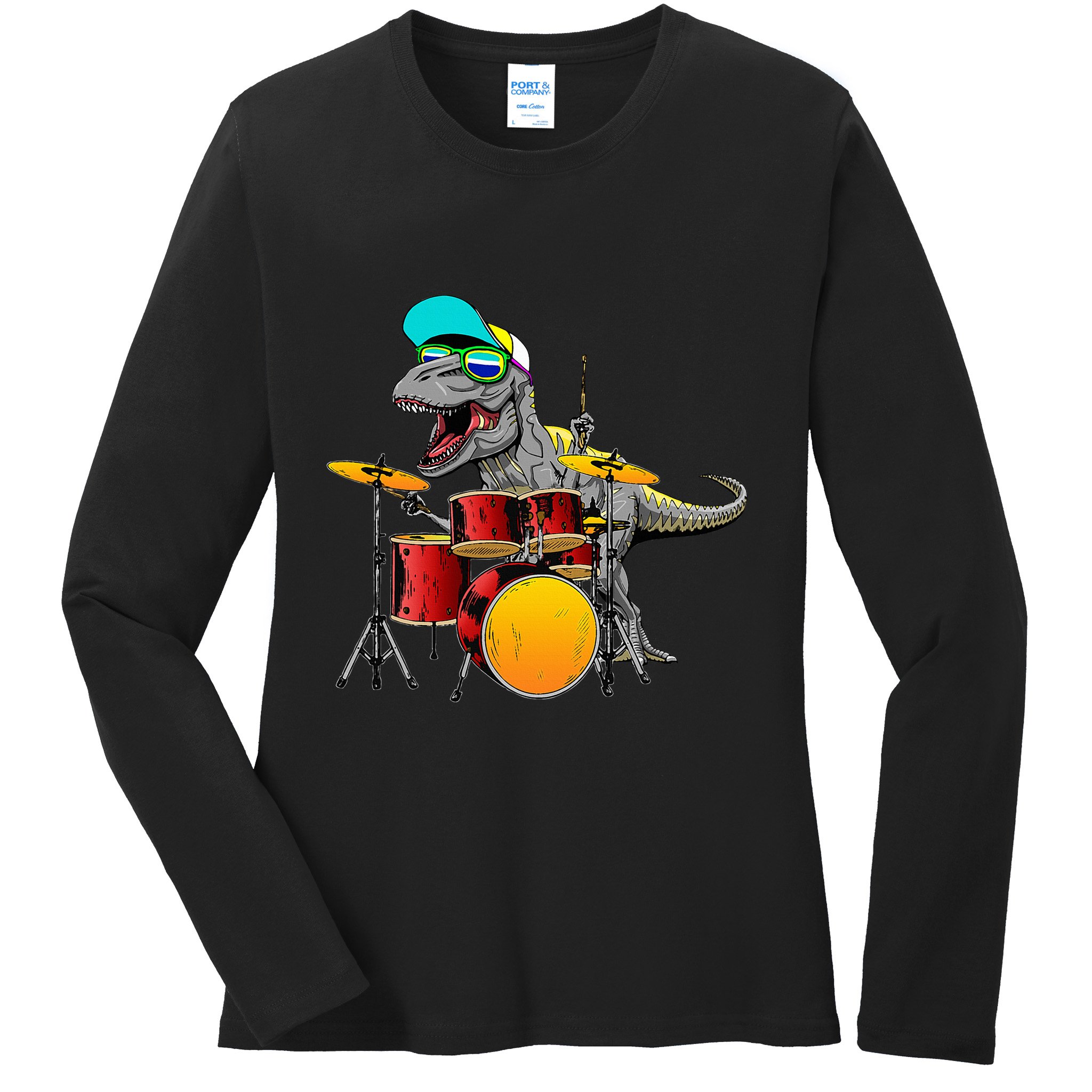Great Dinosaurs Drums Music Playing Rex Design Ladies Long Sleeve Shirt