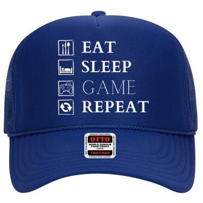 Gamer Design Eat Sleep Game Repeat Funny Gift High Crown Mesh Back Trucker Hat