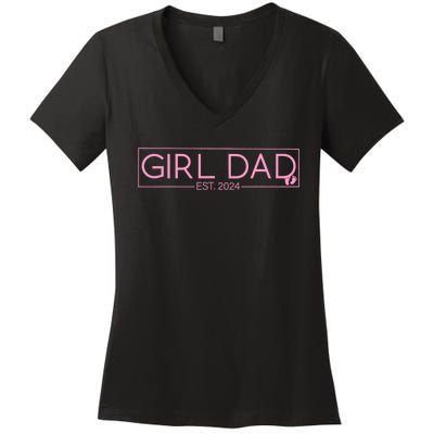 Girl Dad Est 2024 Newborn Daddy Father Baby Girl Women's V-Neck T-Shirt